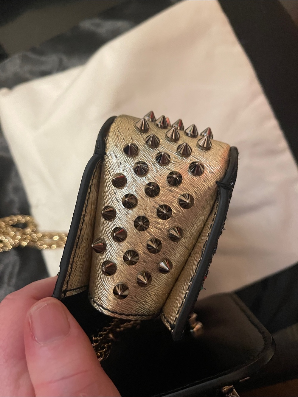 Christian Louboutin Multicolor Tweed Spike-Embellished Crossbody with Gold Chain - Picture 15 of 16